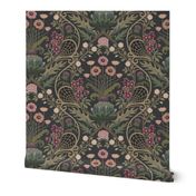 Art Nouveau Poppies - dark and moody damask with hellebore, roses, artichoke flower and milk thistle - olive green, pink and gold on charcoal grey - large