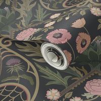 Art Nouveau Poppies - dark and moody damask with hellebore, roses, artichoke flower and milk thistle - olive green, pink and gold on charcoal grey - large