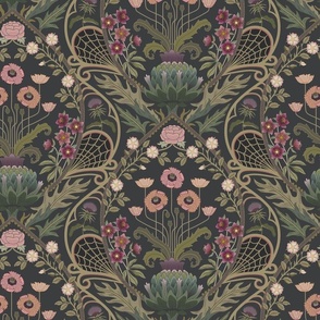 Art Nouveau Poppies - dark and moody damask with hellebore, roses, artichoke flower and milk thistle - olive green, pink and gold on charcoal grey - medium