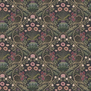 Art Nouveau Poppies - dark and moody damask with hellebore, roses, artichoke flower and milk thistle - olive green, pink and gold on charcoal grey - small