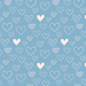 Hand Drawn Doodle Hearts in Soft Blue - Large Scale