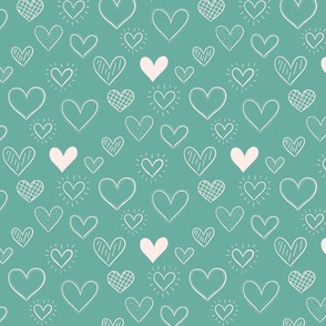 Hand Drawn Doodle Hearts in Teal - Large Scale