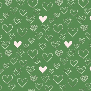 Hand Drawn Doodle Hearts in Dark Green - Large Scale