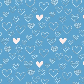 Hand Drawn Doodle Hearts in Blue - Large Scale