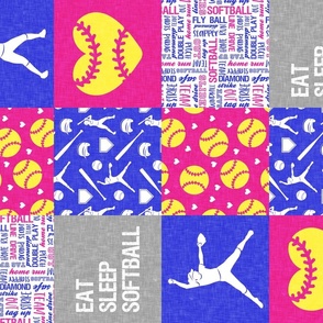 Eat Sleep Softball - softball patchwork - heart softball - fast pitch wholecloth - dark pink/blue - C23