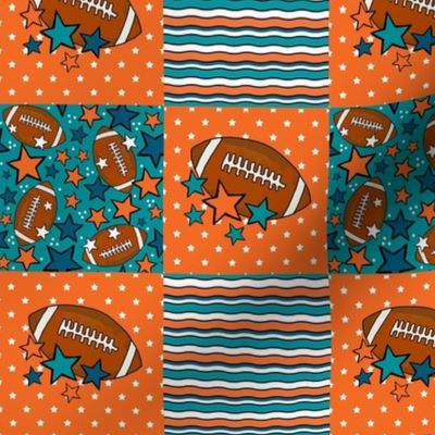 Smaller Patchwork 3" Squares Team Spirit Football Stripes and Stars in Miami Dolphins Colors Aqua Blue Orange for Cheater Quilt or Blanket