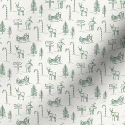 Christmas & Holiday Reindeer Toile in Green - 4" Fabric Design