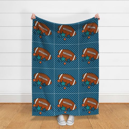 18x18 Panel Team Spirit Football and Stars in Miami Dolphin Colors Aqua Blue Orange for DIY Throw Pillow Cushion Cover or Tote Bag