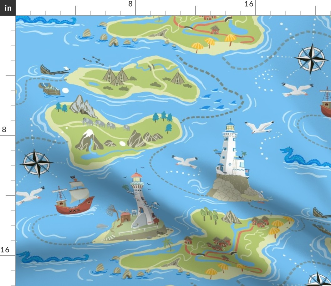 Map of green islands with lighthouses and dragons