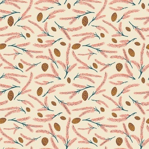 Pinecones And Branches in Pink on Cream
