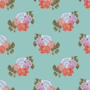 Vintage pastel roses on light dusty green background