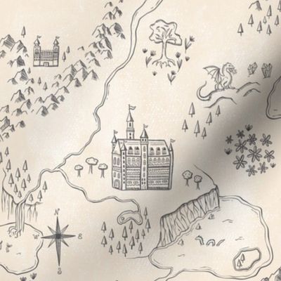 Vintage Fantasy Castles Map - textured cream and charcoal - small