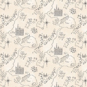 Vintage Fantasy Castles Map - textured cream and charcoal - small