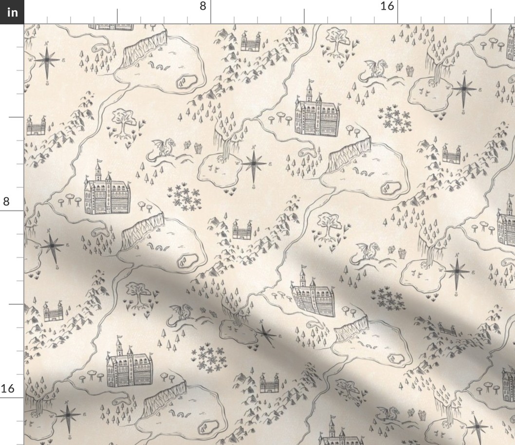 Vintage Fantasy Castles Map - textured cream and charcoal - small