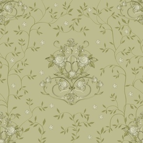 Retro Peonies & Clover Scroll - Sweet Pea Green LARGE