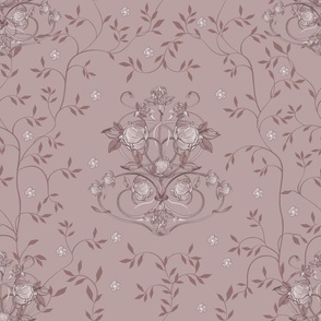 Retro Floral Peonies and Clover Scroll - monochromatic Dusty Pink LARGE