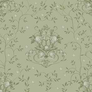 Retro Floral Peonies and Clover Scroll - Monochromatic Sage Green - LARGE