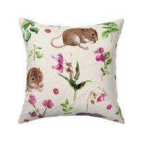 Mice in grass. Small rodent animals in forest flowers, plants