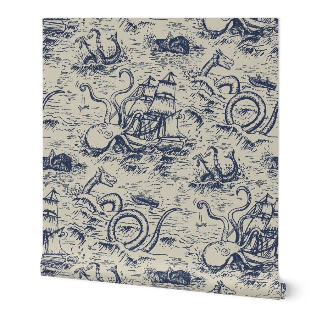 Large-Scale Mythical Sea Creatures Toile de Jouy