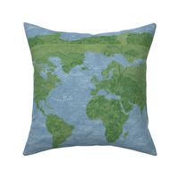 Forest and Sea Map of the World (xl scale) | Jungle watercolor world in green and blue, block print waves, seigaiha ocean print, natural world, nature print, jungle decor.