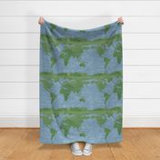 Forest and Sea Map of the World (xxl scale) | Jungle watercolor world in green and blue, block print waves, seigaiha ocean print, natural world, nature print, jungle decor.