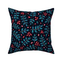 Twigs turquoise and red // normal scale 0002 J //  twig leaves leaf dots red reds teal blue navy blue turquoise dark background 