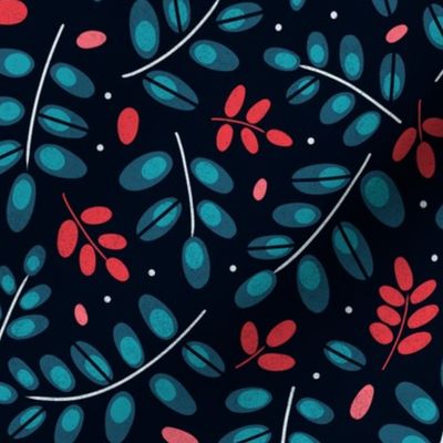 Twigs turquoise and red // normal scale 0002 J //  twig leaves leaf dots red reds teal blue navy blue turquoise dark background 