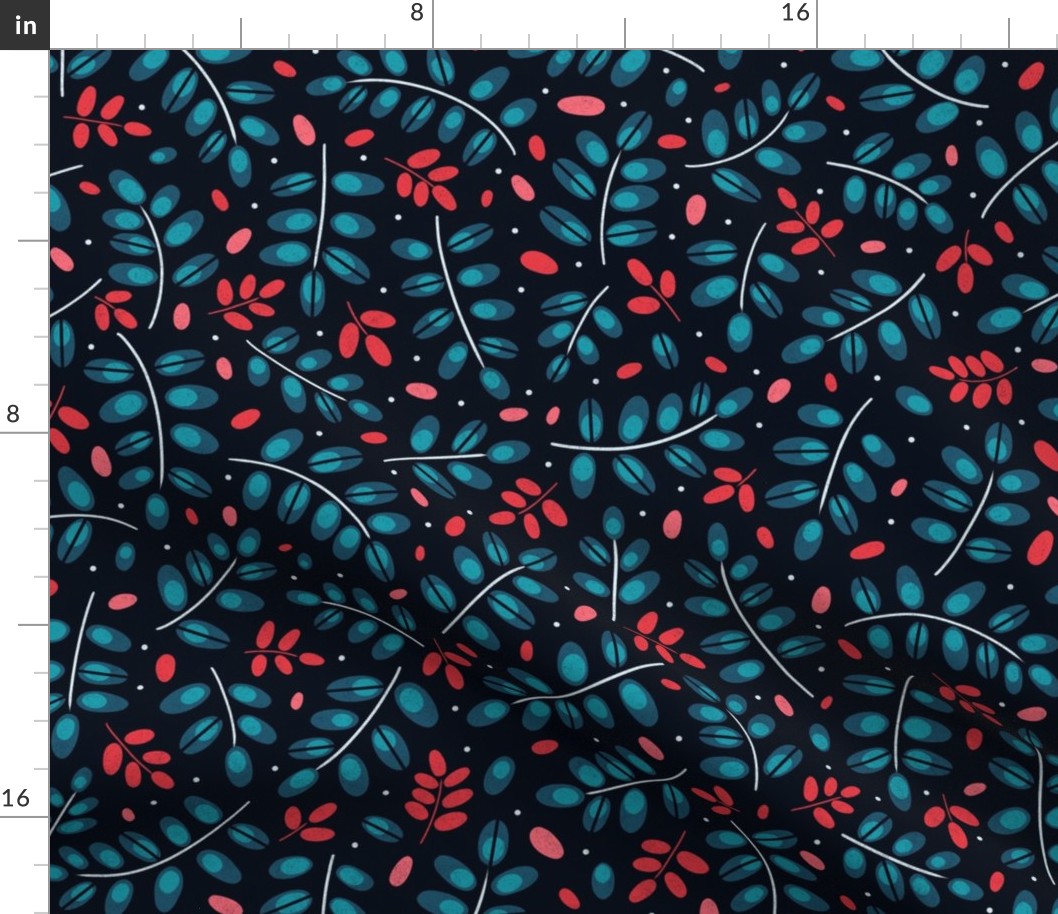 Twigs turquoise and red // normal scale 0002 J //  twig leaves leaf dots red reds teal blue navy blue turquoise dark background 