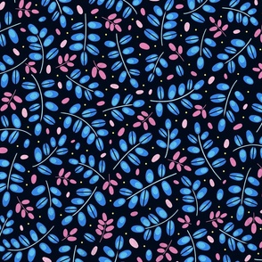 Twigs blue and pink // normal scale 0002 K //  twig leaves leaf dots blue pink babyblue yellow neon ultramarine dark background 