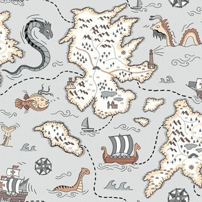 Board game fantasy world cartography map - nautical adventure with mythical sea monsters - large scale