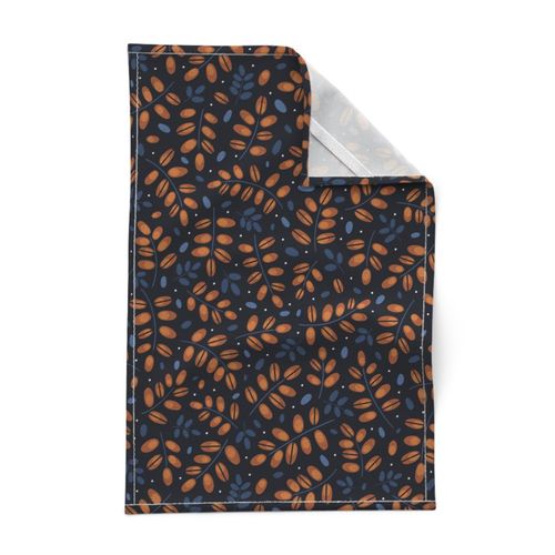 Twigs brown and navy on deep dark blue // normal scale 0002 N //  twig leaves leaf dots blue white  brown chocolate dark background 