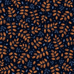 Twigs brown and navy on deep dark blue // normal scale 0002 N //  twig leaves leaf dots blue white  brown chocolate dark background 