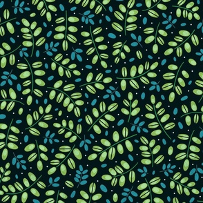 Twigs green and turquoise // normal scale 0002 O //  twig leaves leaf dots green teal mint white blue dark background 