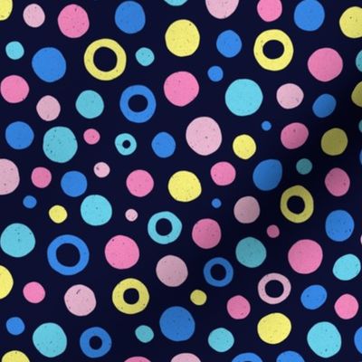 Multicolored watercolor irregular dots // normal scale 0019 I // colorful dot pink blue babyblue yellow neon ultramarine  dark background abstract geometric