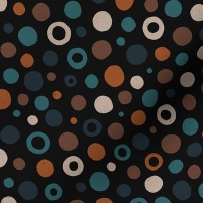 Multicolored watercolor irregular dots // normal scale 0019 J // colorful dot teal turquoise beige gray-brown gray blue white brown white dark background abstract geometric