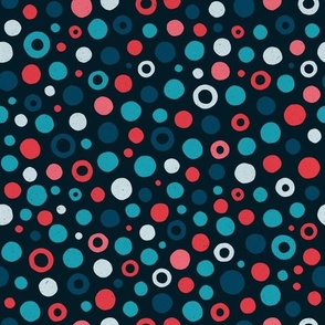 Multicolored watercolor irregular dots // normal scale 0019 L // colorful dot red reds teal blue navy blue turquoise dark background abstract geometric