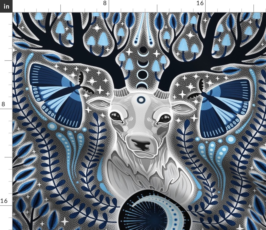 BIG  Magic whimsigothic deer spirit  0020 C  blue sky blue light blue whismical moths glow antlers leaves plants monochromatic