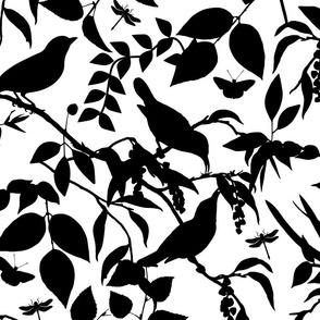 Chinoiserie Bild And Foliage Silhouette Pattern Black On White