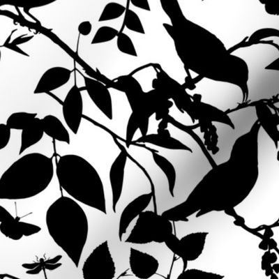 Chinoiserie Bild And Foliage Silhouette Pattern Black On White Smaller Scale