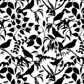 Chinoiserie Bild And Foliage Silhouette Pattern Black On White Smaller Scale