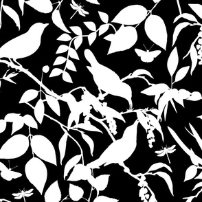 Chinoiserie Bild And Foliage Silhouette Pattern White On Black 