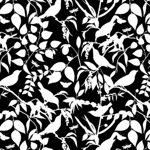 Chinoiserie Bild And Foliage Silhouette Pattern White On Black Smaller Scale