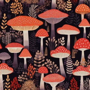 Autumn fly agaric Mushrooms Pattern Vintage Illustration on Black