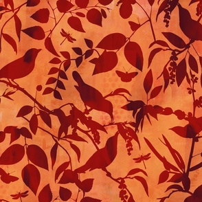 Chinoiserie Bild And Foliage Silhouette Pattern Orange And Rust Brown