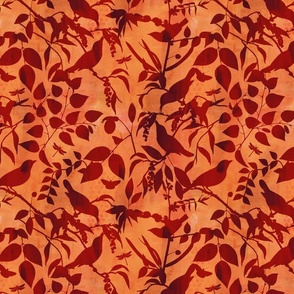 Chinoiserie Bild And Foliage Silhouette Pattern Orange And Rust Brown Smaller Scale