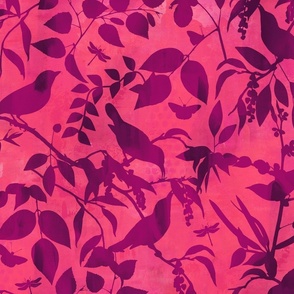 Chinoiserie Bild And Foliage Silhouette Pattern Bright Pink And Coral