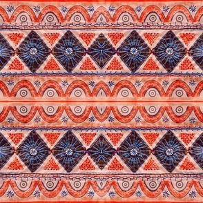 Vintage inspired Mid West embroidery effect geometric horizontal stripes Orange, salmon pink almost black and blue