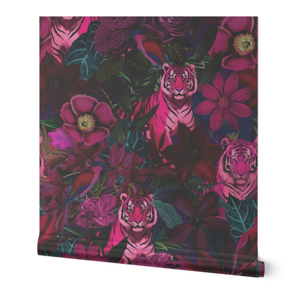 Fancy Jungle Opulence With Tigers Pink Teal And Navy Large Scale