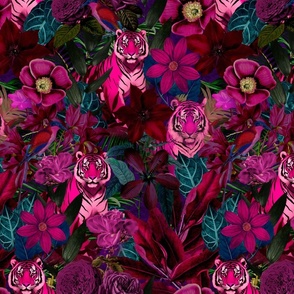 Fancy Jungle Opulence With Tigers Pink Teal And Navy Medium Scale