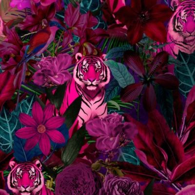 Fancy Jungle Opulence With Tigers Pink Teal And Navy Smaller Scale